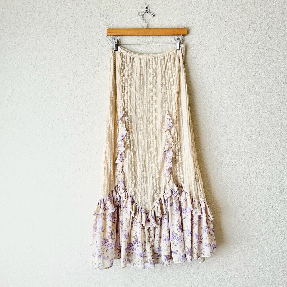 FREE PEOPLE Now & Then Maxi Skirt Cream Floral Lace Ruffled Cottagecore - Picture 2 of 15